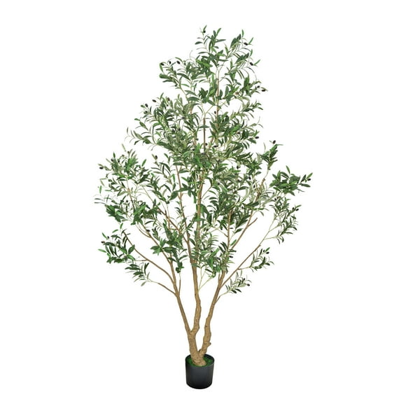 KFFKFF 8FT Artificial Olive Tree with Black Pot, Tall Fake Tree with Natural Wood Trunk & Realistic Green Leaves and Fruits, Indoor Faux Plant