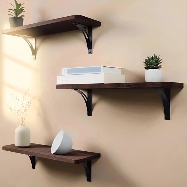 Reinforced Steel Bracket Room Shelves for Bedroom Wall - Easy to Install Template and Video Included - Wall Mounted Rustic Wood Shelves for Bathroom Home Décor