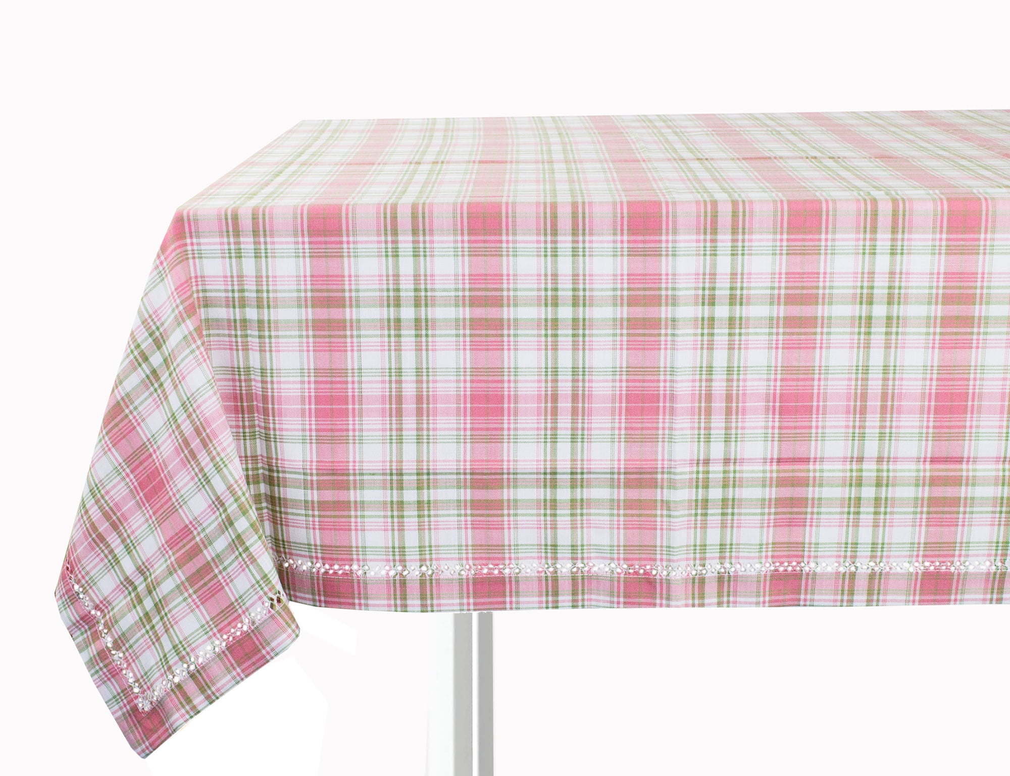 Fennco Styles Spring Tartan Plaid Hemstitched Woven 55 x 55 Inch Tablecloth Pink Table Cover