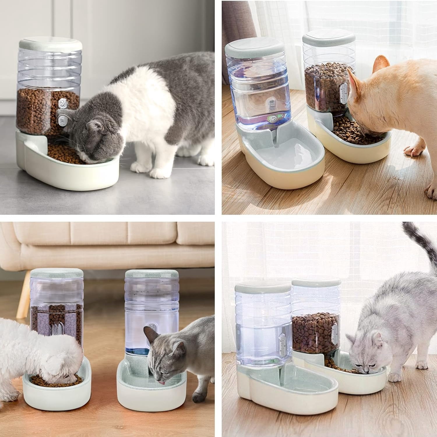 Automatic Dog Cat Feeder and Water Dispenser Gravity Food Feeder and Waterer Set with Pet Food Bowl for Small Medium Dog Puppy Kitten, Large Capacity 1 Gallon x 2(Grey)