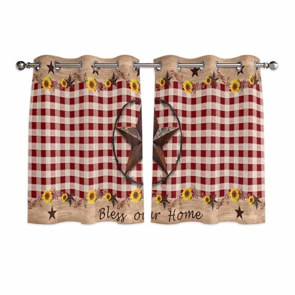 Texas Star Sunflower Kitchen Curtains Short 45 Inch Length, Farmhouse Country Plaid Brown Grommet Top Bedroom Living Room Curtains, Light Filtering Cafe Curtain Drapes 2 Panels Set 84''x45''