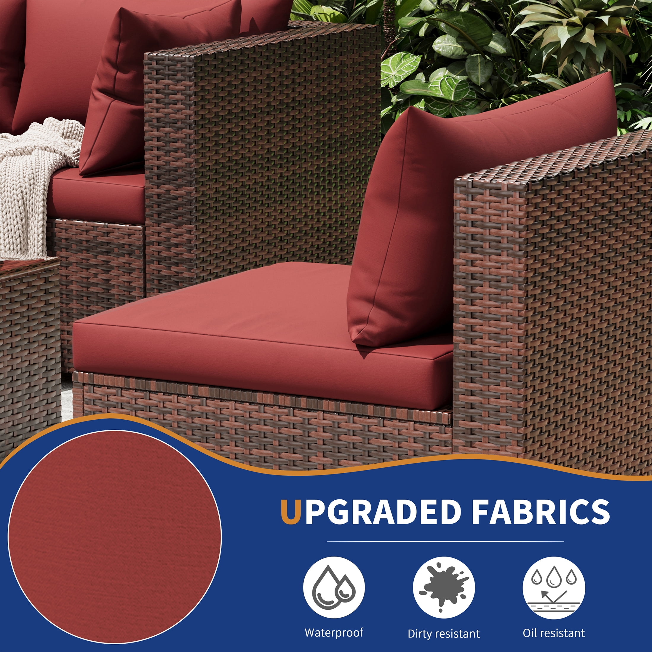 UDPATIO Patio Furniture Sets, Modular Rattan Outdoor Patio Sectional Furniture with 44" Fire Pit Table,, Wicker Patio Conversation Set for Backyard, Deck, Poolside w/Glass Coffee Table, 7PC Wine Red