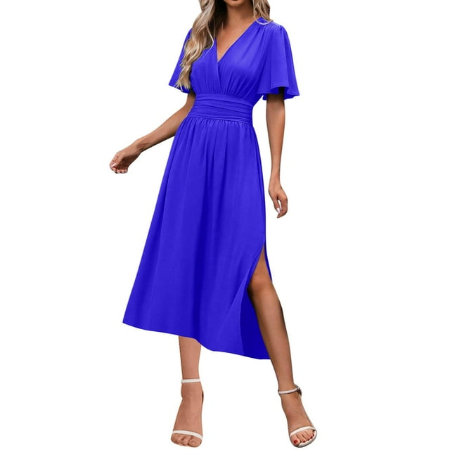 Vestido Maxi de Manga Larga para las Mujeres Caída Sólido de Manga Corta Cuello en V Plisado Vestido Maxi Midi, Cintura Elástica Boho Vestido de Playa con Bolsillos