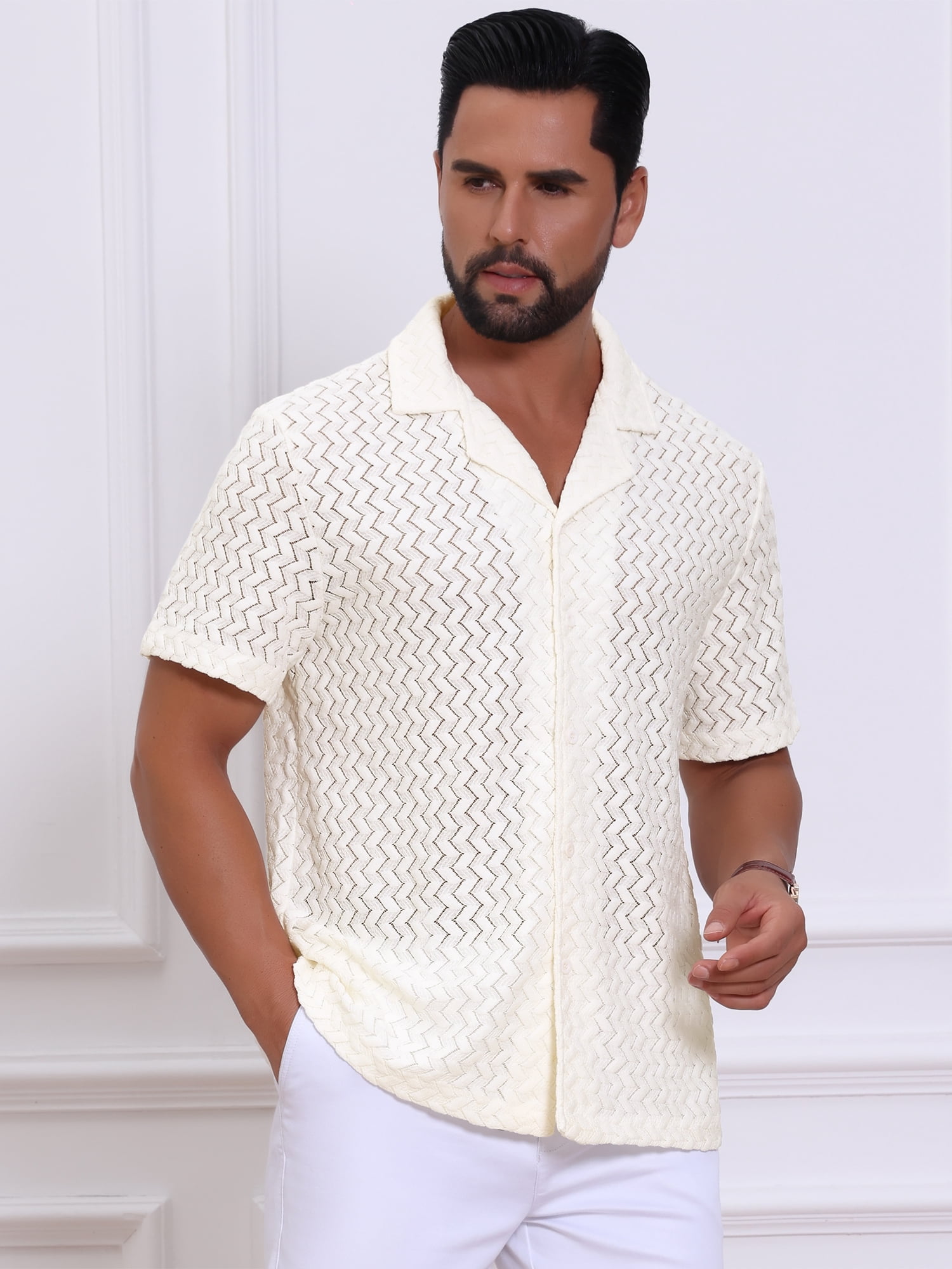 DARING DIVA Men's Hollow Jacquard Camp Collar Short Sleeve Beach Texture Shirts M Beige