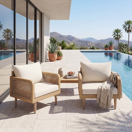 Christopher Knight Home Wood Outdoor Club Chair with Woven Rattan Armrests and Cushions, Teak+Cream, Set of 2