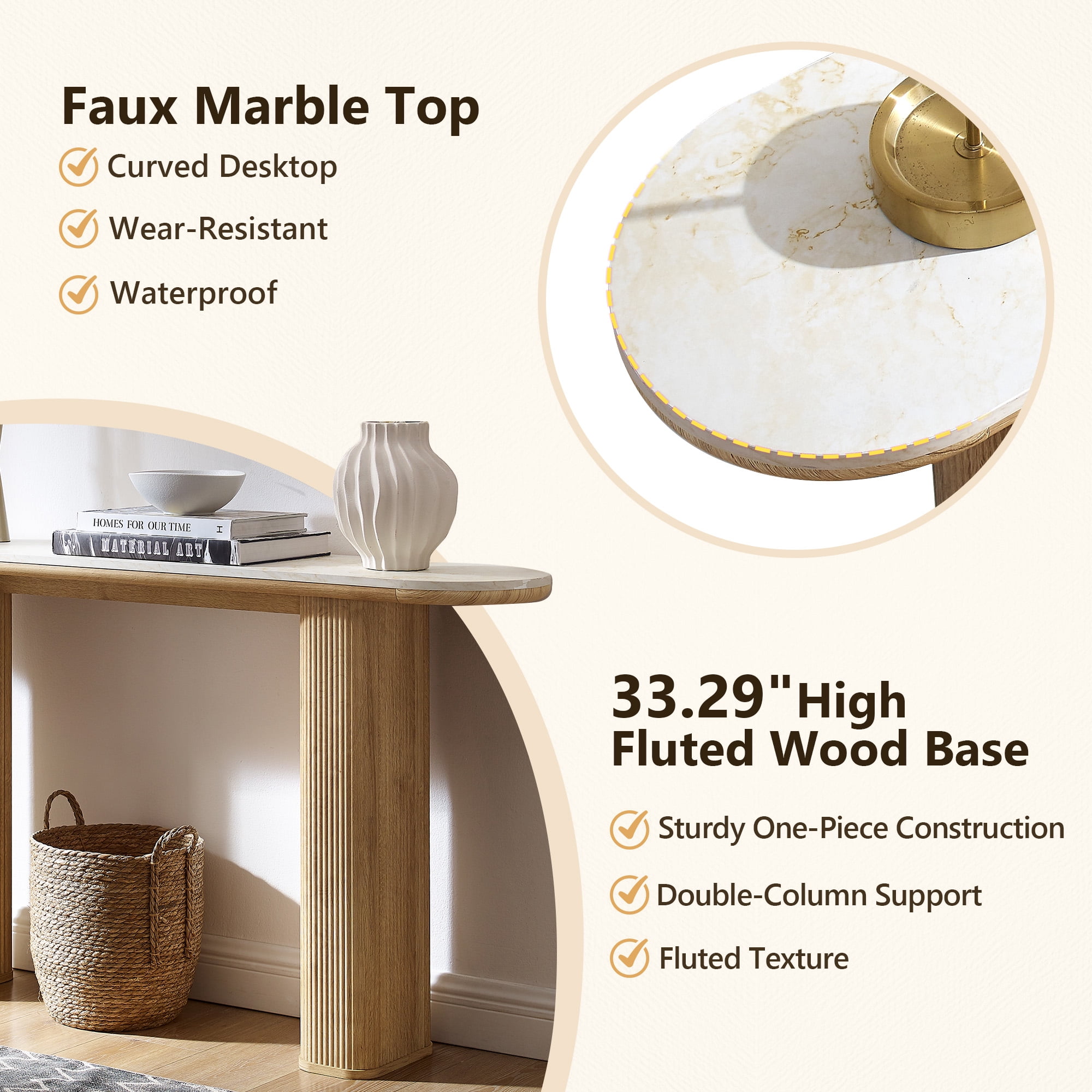 KeyWhat 63" Entryway Console Table with Fluted Wood Base, Modern Sofa Table Behind the Couch for Living Room, Hallway, Entrance, Foyer, Natural Oak