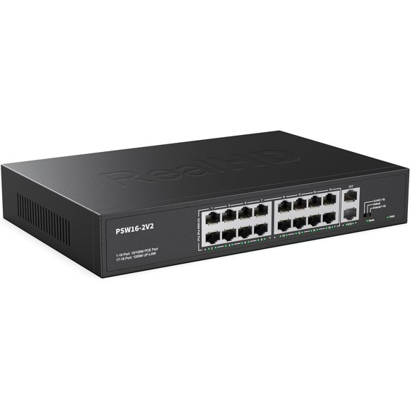 Real HD 16 Port PoE Switch, High Power 300W, 16 PoE+ 100Mbps Ports with 2 Gigabit Uplink Ethernet Ports, Unmanaged Plug and Play, Each Port Up to 30W