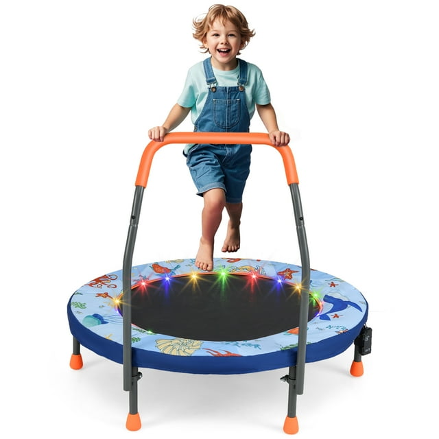 Gymax 36'' Foldable Kid Trampoline w/ 20 LED Lights Foam Handlebar Padded Safety Cover Blue