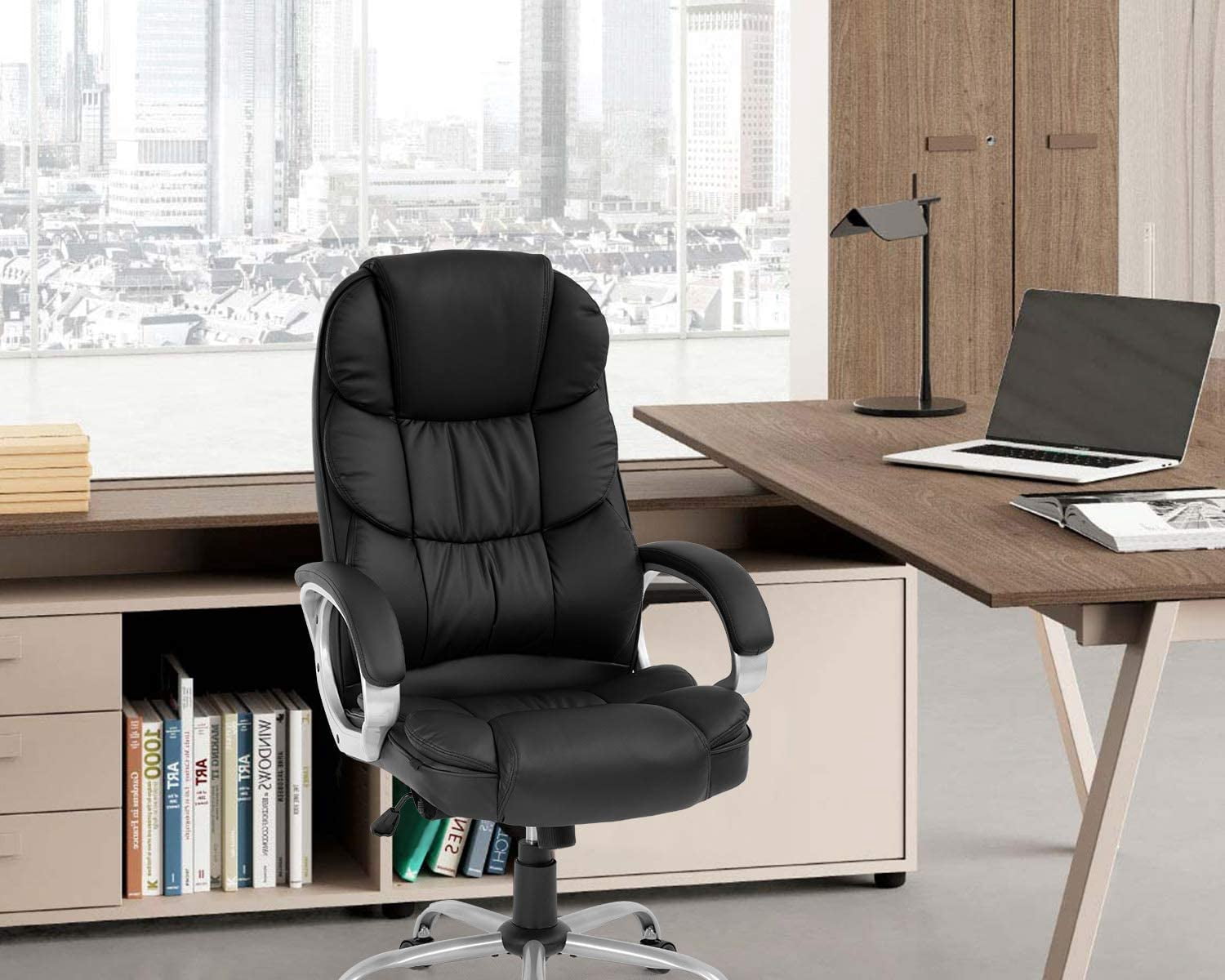 FDW Black Ergonomic Office Chair - PU Leather w/Lumbar Support & Armrests