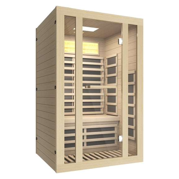 TEXBM 2-Person Far Infrared Sauna with Red Light Therapy, Canadian Hemlock Wood Home Sauna, Bluetooth Speaker, Color LED Lights, 8mm Tempered Glass Door
