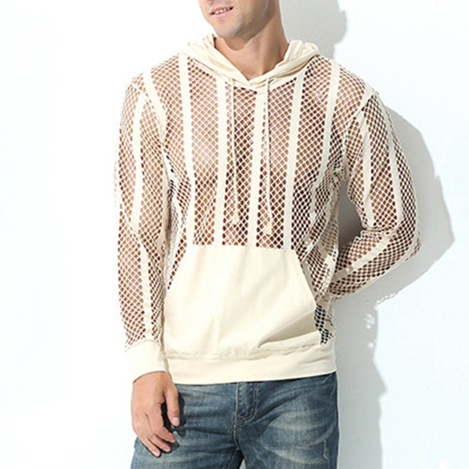 VSSSJ Men's Mesh See Through Hoodie Loose Casual Drawstring