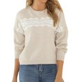 thumbnail image 1 of Women Lace Splicing Crew Neck Long Sleeve Solid Color Knitted Shirt, 1 of 6