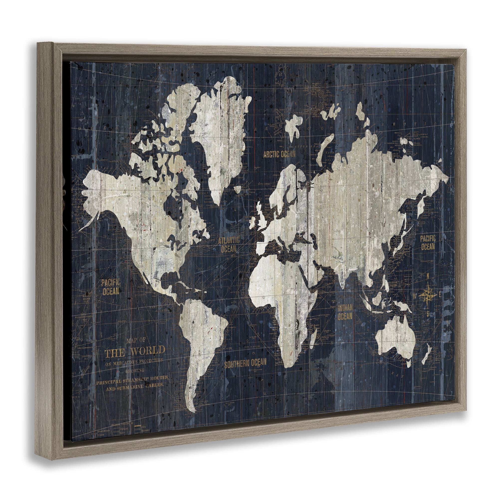 Stupell Industries Distressed Antique World Map Town & City Painting Brown Floater Framed Canvas Art Print Wall Art, 21 x 17