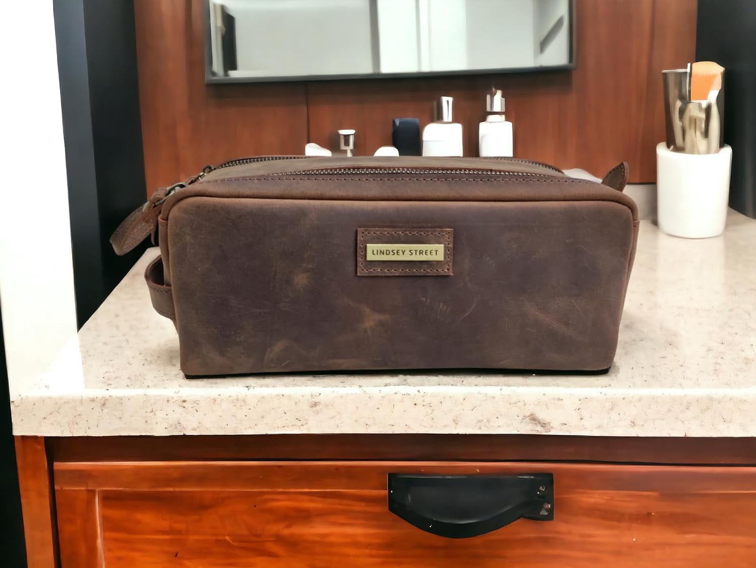 LINDSEY STREET Leather Toiletry Bag, Leather Dopp Kit, Mens Travel Kit, Men Shaving Bag, Gift for Men