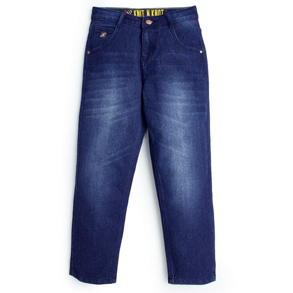 Knit N Knot Girls' Solid Cotton Stretch Faded Relaxed, Mom, Slouchy Fit Jeans | Casual Mid Rise Denim Pant for Kids | Indigo, Blue