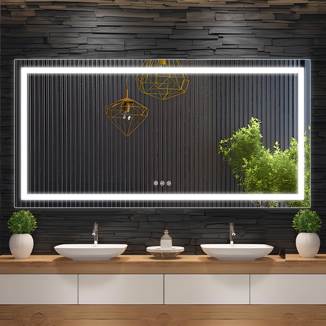 LED Bathroom Mirror with Front and Backlit Lights, 60 x 30 Inch Anti-Fog Lighted Vanity Mirror, Stepless Dimmable, 3-Color Modes, Horizontal/Vertical Makeup Mirror