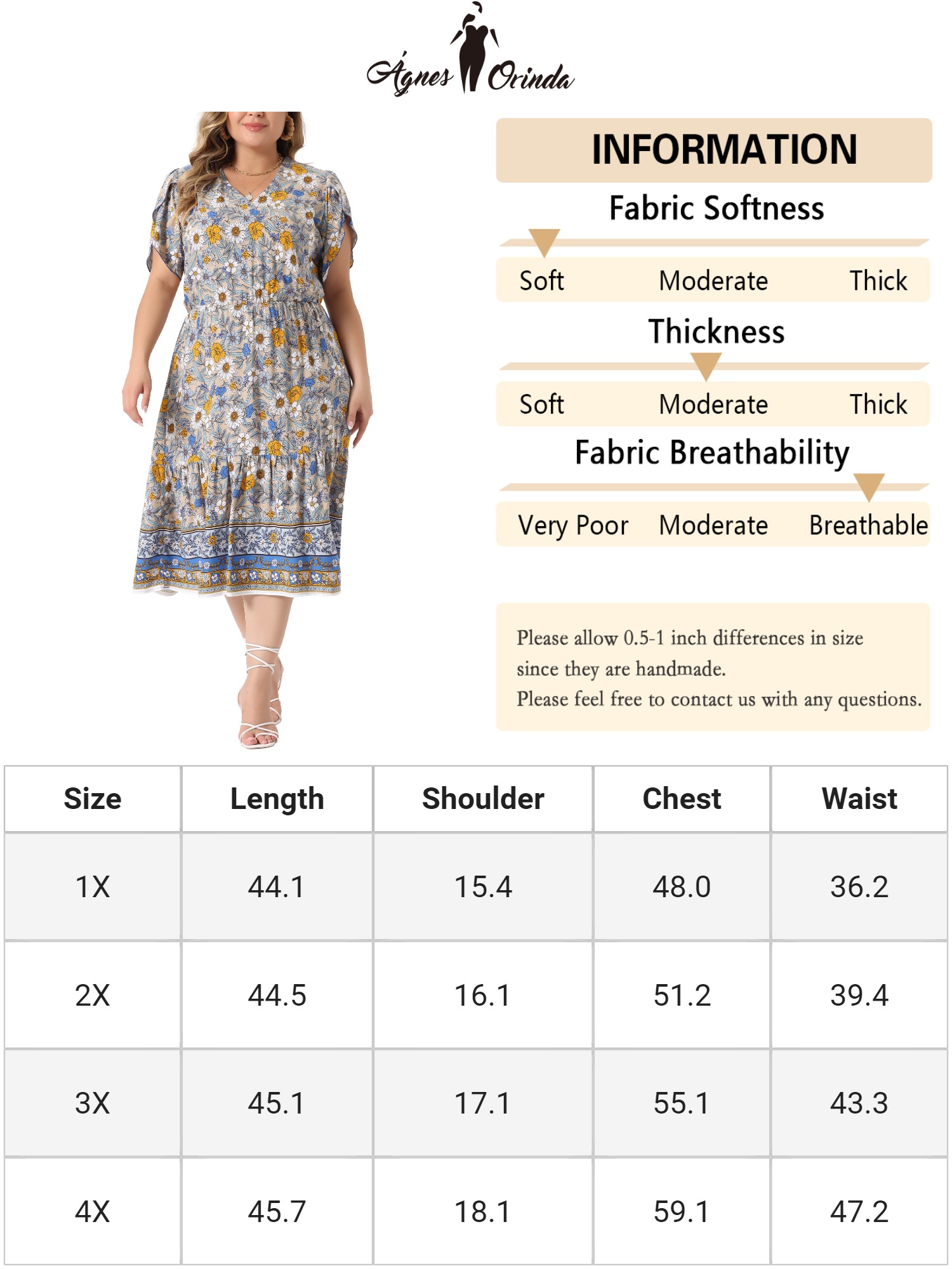DARING DIVA Plus Size V Neck Short Sleeve Floral Midi Dress 1X Beige