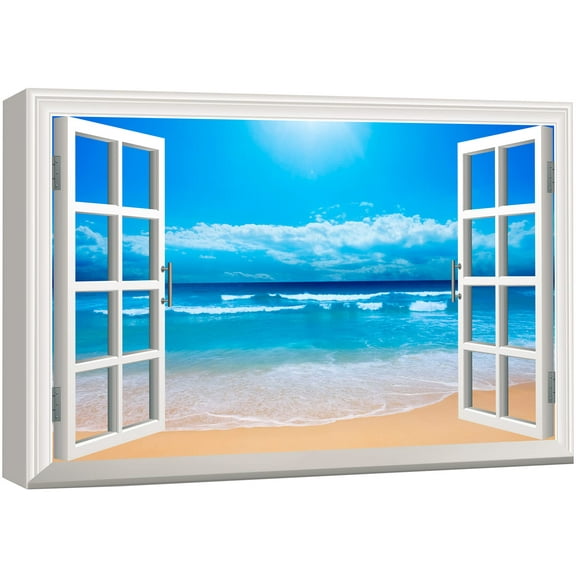 wall26 Canvas Print Wall Art Window View Landscape Bright Blue Beach Nature Wilderness Photography Modern Art Rustic Scenic Colorful Multicolor for Living Room, Bedroom, Office - 12"x18"