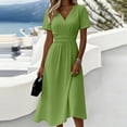 thumbnail image 2 of Summer Solid Dresses for Women 2026 - Boho Madi Dress Short Sleeve V Neck Below the Knee Dressy - Casual Sundresses Beach Vacation Outfits Green M, 2 of 6