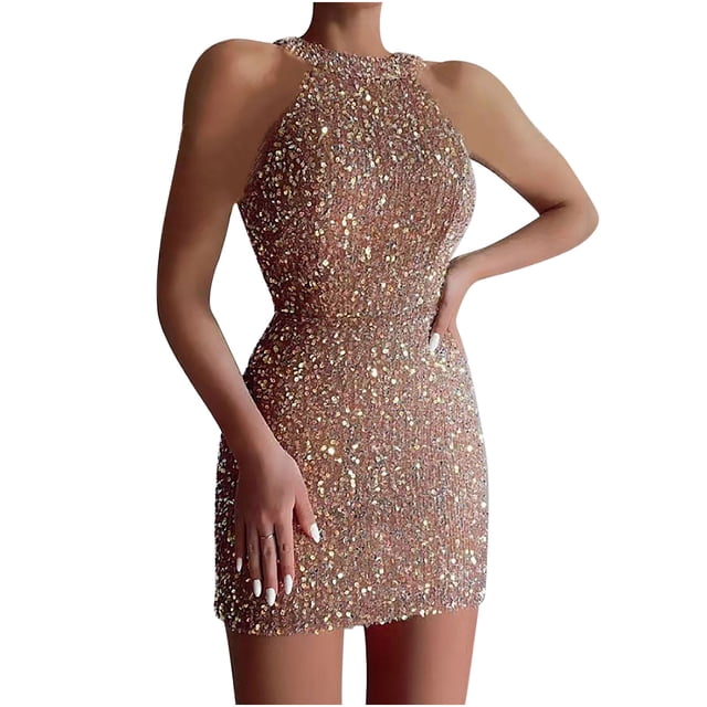 Robe à Paillettes Scintillante pour Femme Sans Manches à Col Licou Ajustée Mini Robe de Boîte de Nuit Moulante Extensible Robe de Soirée Scintillante