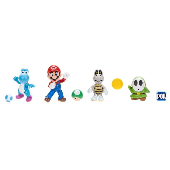 Super Mario Nintendo 4 Inch Action Figure Wave 40 4-Pack, Includes Mario, Dry Bones, Light Blue Yoshi, and Green Shy Guy