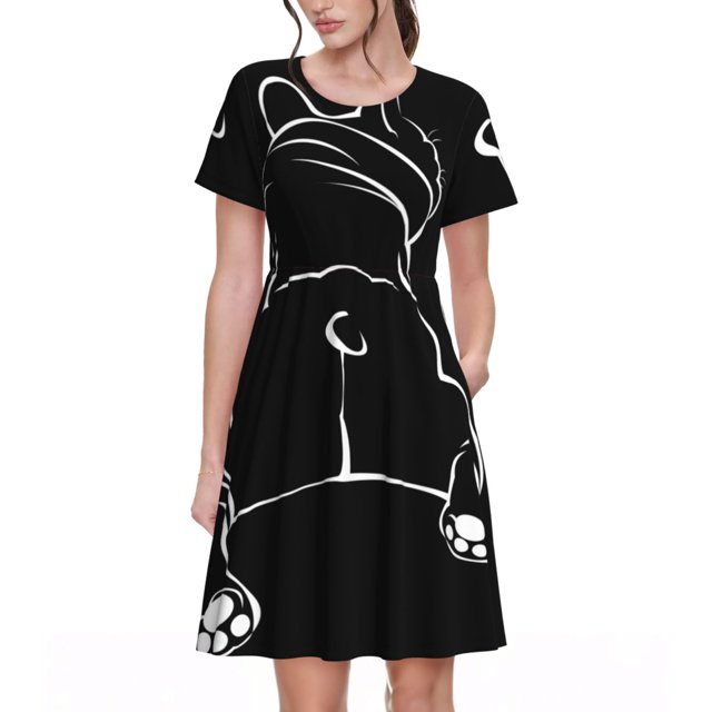 Bixox Robe d'Été à Manches Courtes pour Femmes Robe Ample Longueur Genou avec Poches-Animal Bouledogue