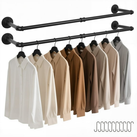 2Pack Industrial Pipe Clothes Rack, 41.7"L Wall Mounted Clothing Rack, Heavy Duty Metal Hanging Garment Racks