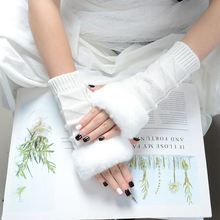 

Huachen Women Solid Color Frayed Warm Typing Elastic Half-Finger Gloves