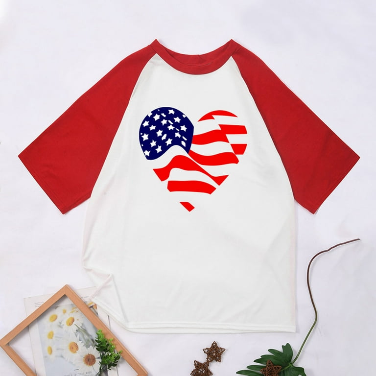Young Mens Independence Day Raglan Sleeve Blouses Shirts Spring Deals 2024  SMihono Men Casual Fashion Patchwork Round Neck Pullover Print T-Shirt 3/4