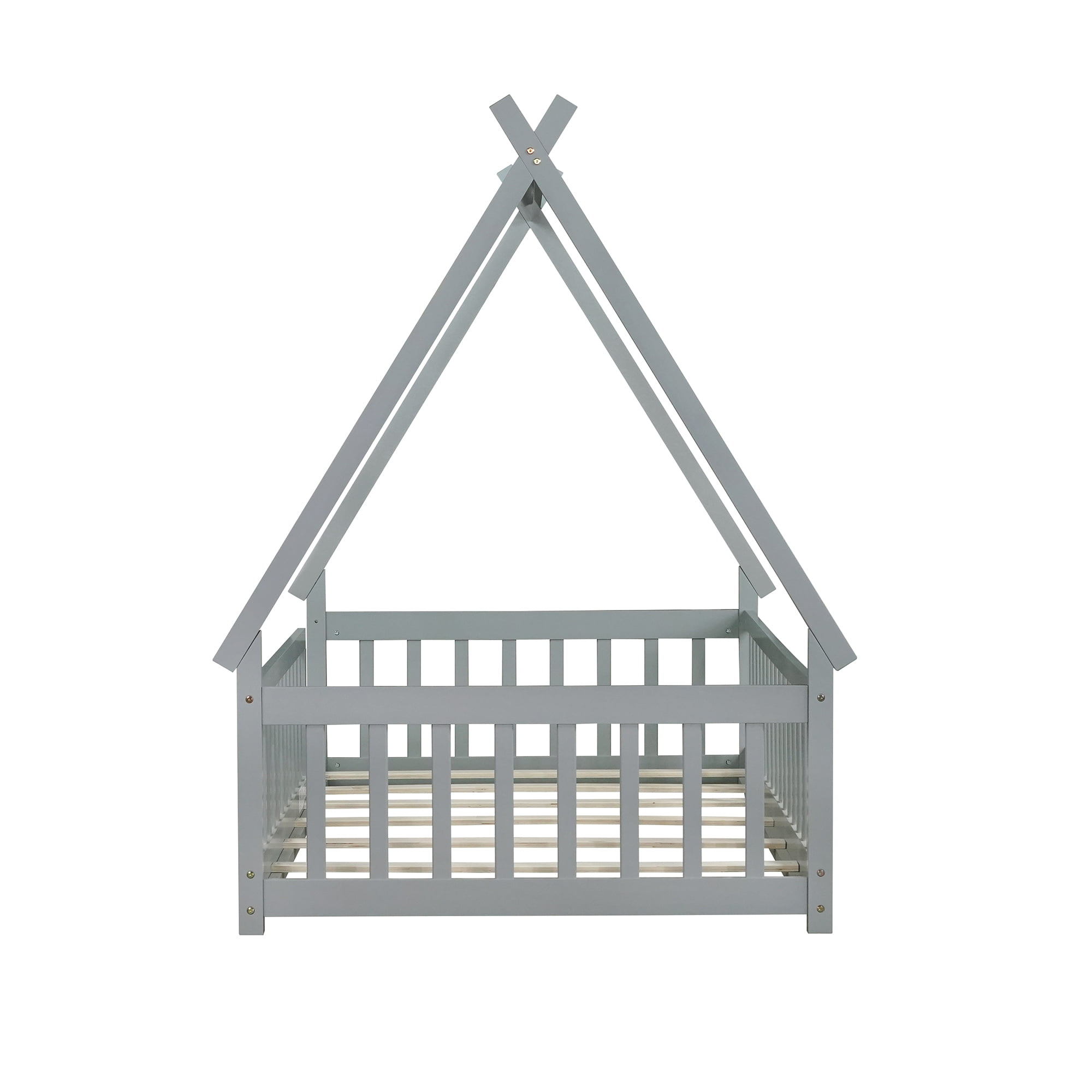 Mirightone Twin Size Floor Bed, Montessori Teepee Floor Bed with Rails, Wood Tent-Shaped Bed with Fence (Gray)