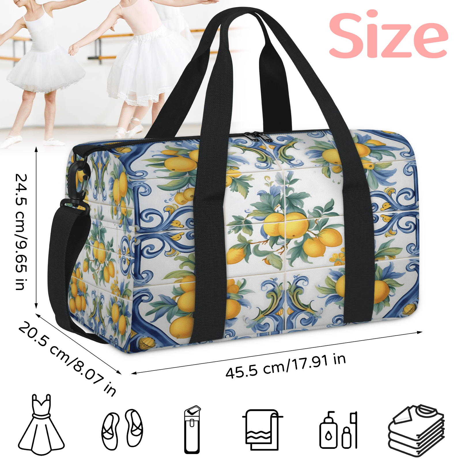 Herdesigns Vintage Lemon Boho Gym Bag for Women, Duffle Bag for Travel Sport, Lightweight Waterproof Carry on Weekender Overnight Dance Yoga Workout Bags