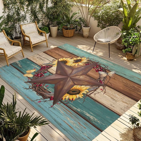 Country Star Vintage Outdoor Rug for Patio/Deck/Porch, Non-Slip Large Area Rug 6 x 9 Ft, Sunflower Farmhouse Teal Brown Western Berry Indoor Outdoor Rugs Washable Area Rugs, Camping Rug Carpet Runner