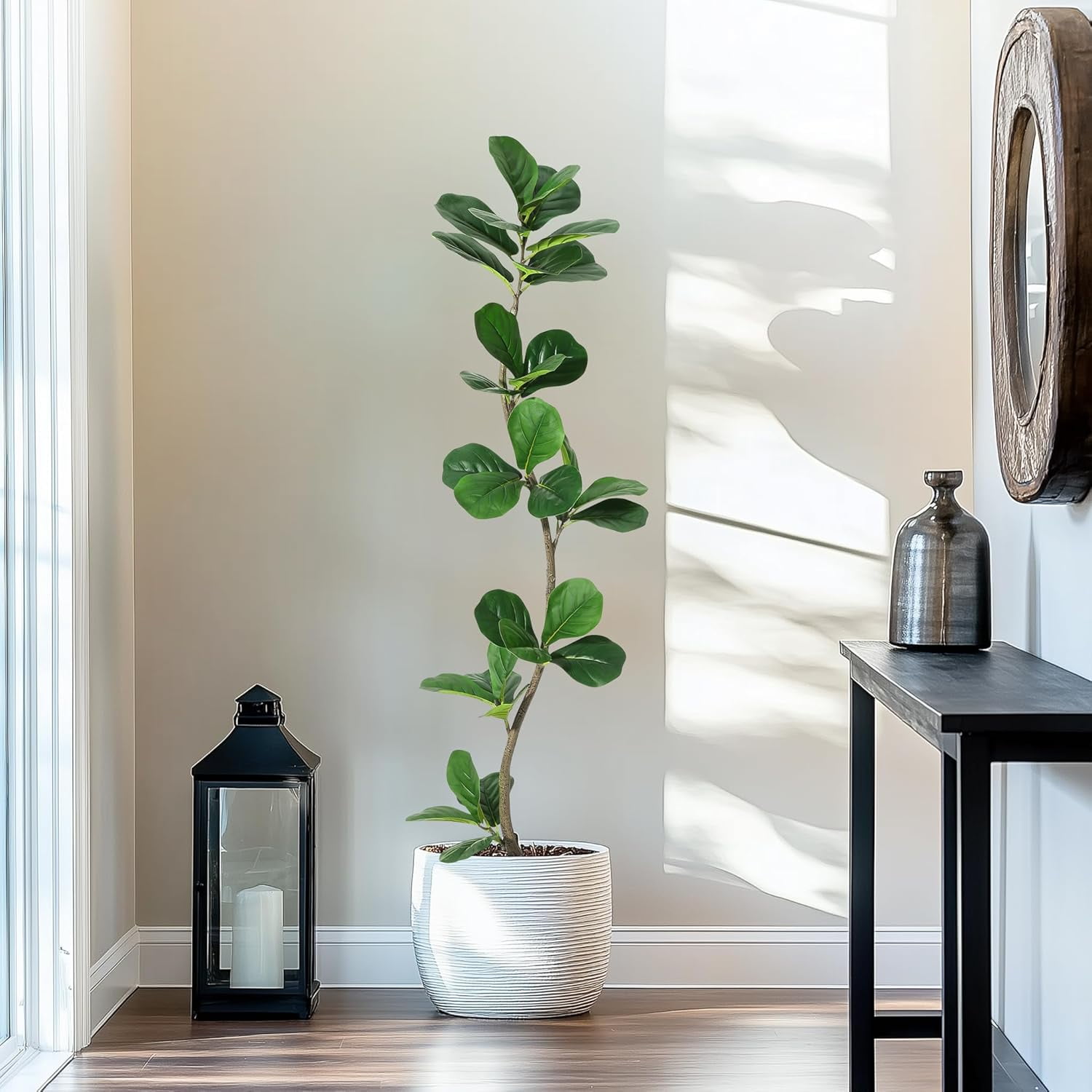 Artificial Fiddle Leaf Fig Tree - 7FT Fake Plant with White Planter and Natural Wood Trunk for Home or Office Decor - Artificial Plants Indoor