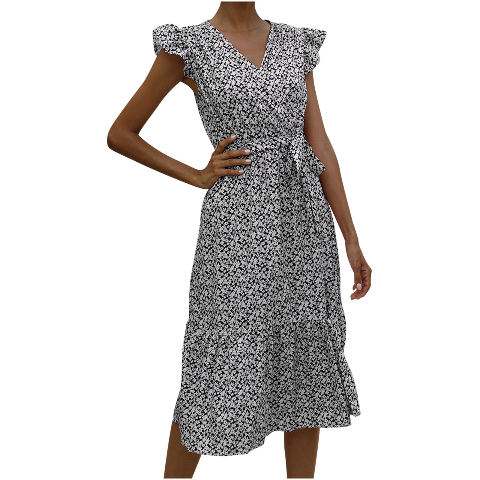 VSSSJ Women's Summer Wrap Midi Dresses Casual Boho Floral Printed V