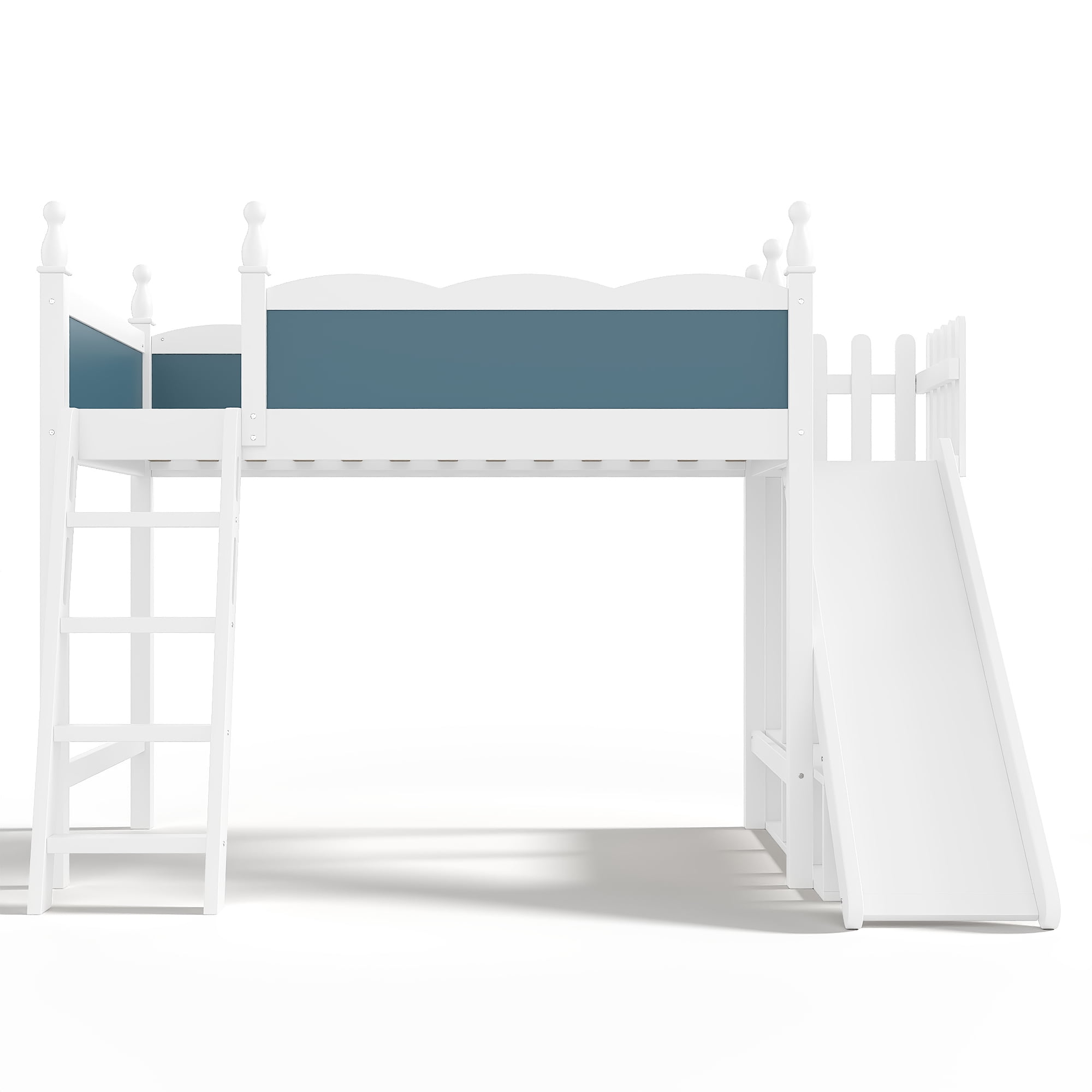 Leumius Twin Loft Bed Frame with Storage Shelves and Wardrobe, Solid Wood Loft Bed with Detachable Slide and Ladders for Kids Teens Adults Blue and White