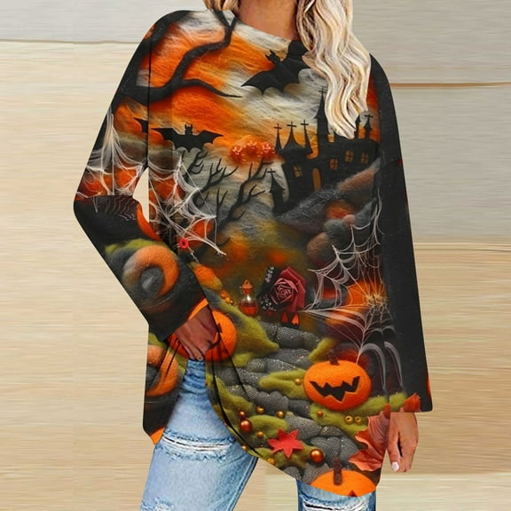 Jsaierl Halloween Shirts for Women Cute Pumpkin Ghost Print Tees Going Out Round Neck T-shirt Long Sleeve Holiday Blouse Tops Halloween Costumes