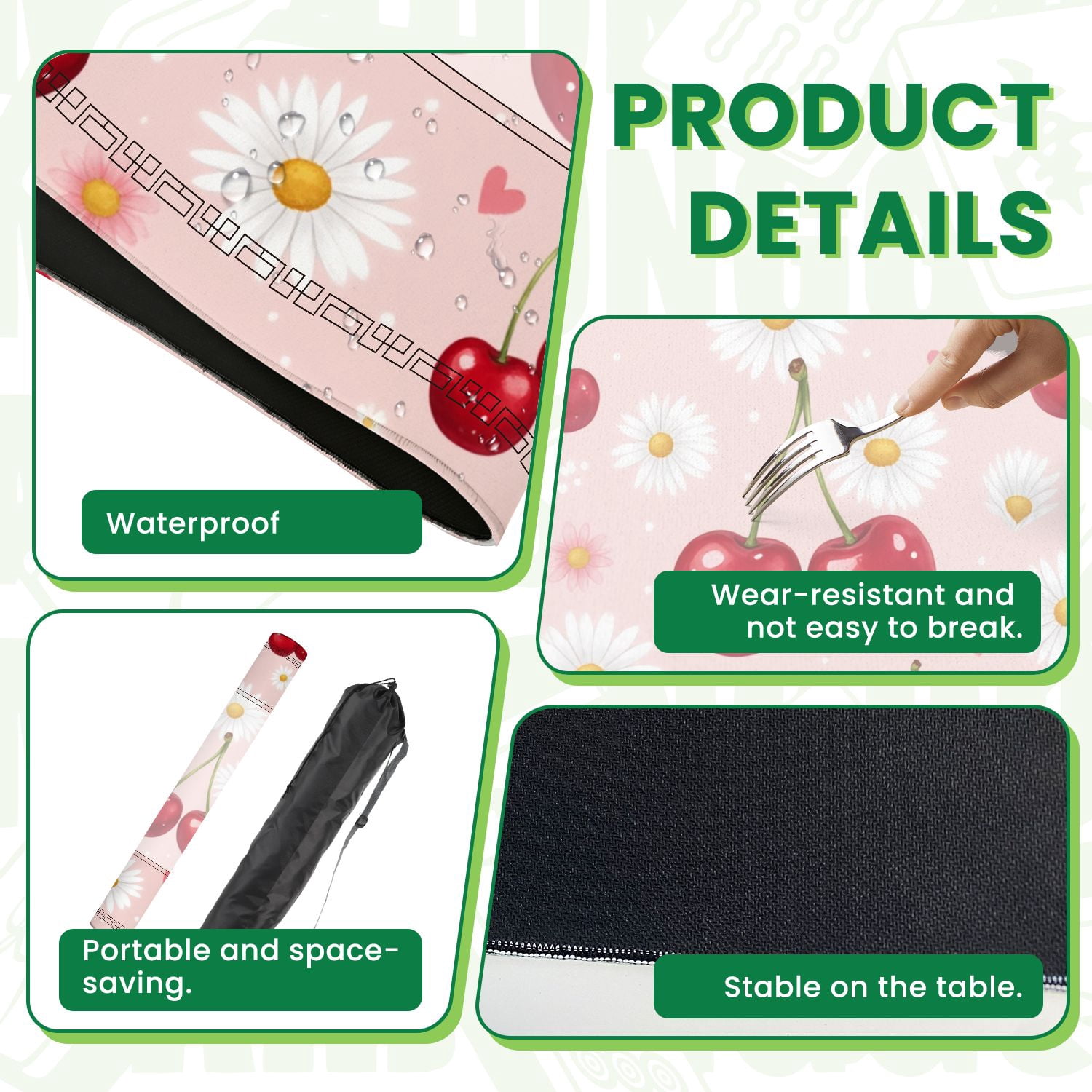 Mahjong Mat 31.5" x 31.5" Seamless Red Cherries White Daisies Pink Non-Slip Noise Reduction American Mahjong Tiles Table Cover for Dominoes Poker Card Board Games Gift