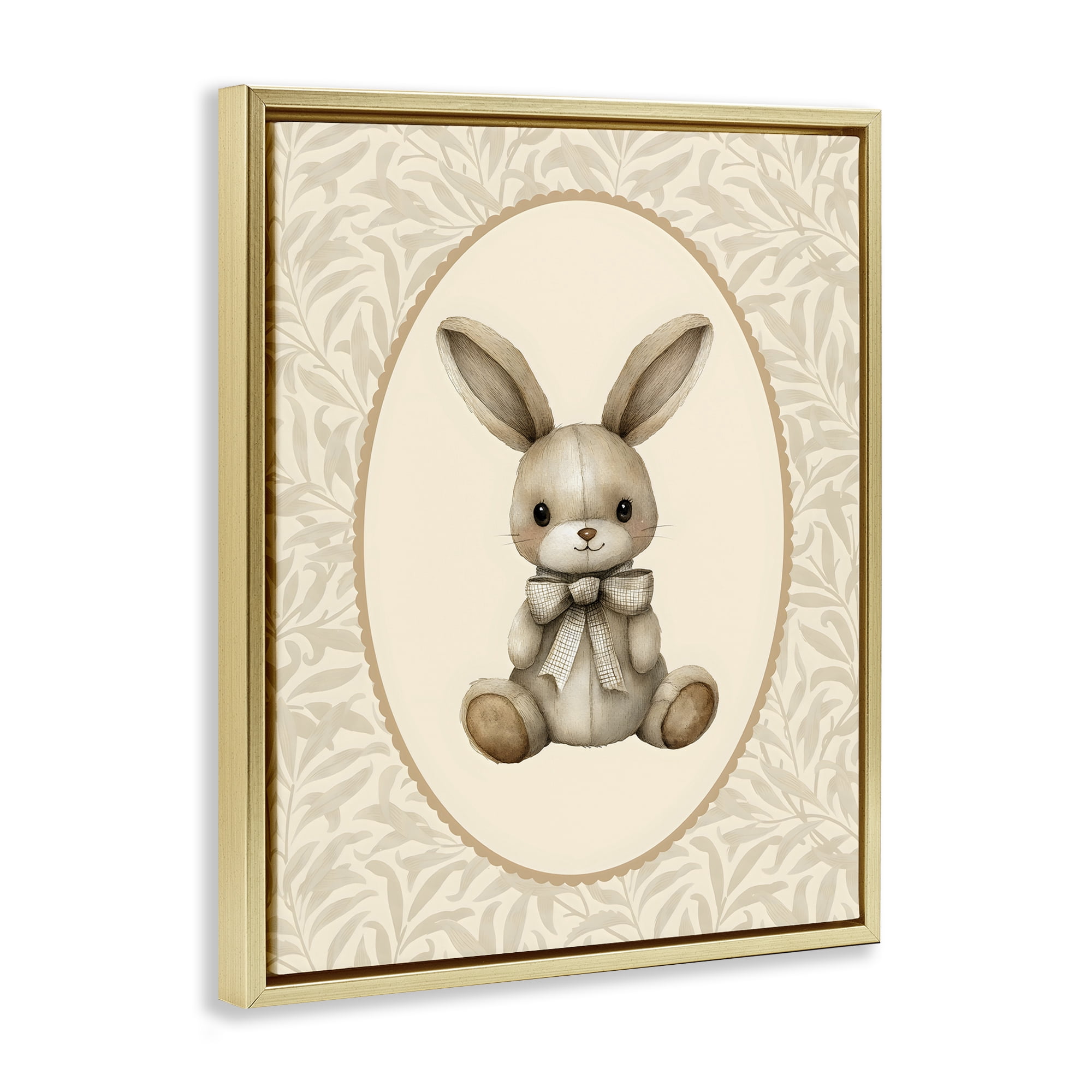 Stupell Industries Neutral Bunny in Oval Border Gold Framed Floater Canvas Wall Art, design by LSR Design Studio