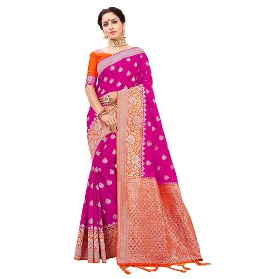 Sarees for Women Banarasi Art Silk Silver Zari Saree l Indian Ethnic Wedding Diwali Gift Sari with Unstitched Blouse