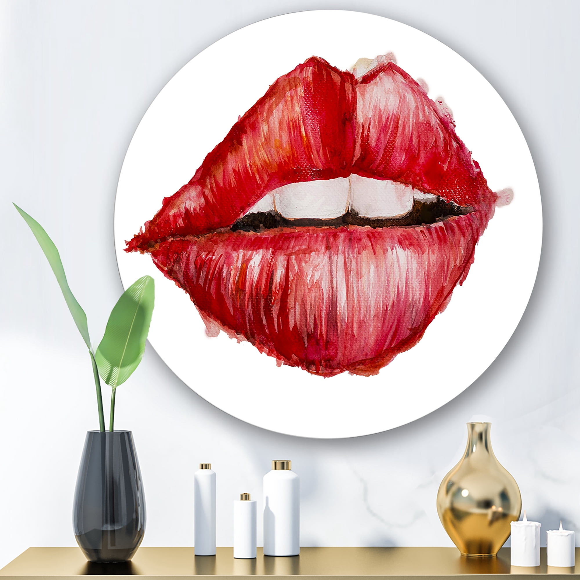 Designart 'Valentines Day Red Female Lips' Modern Circle Metal Wall Art 11x11 - Disc of 11