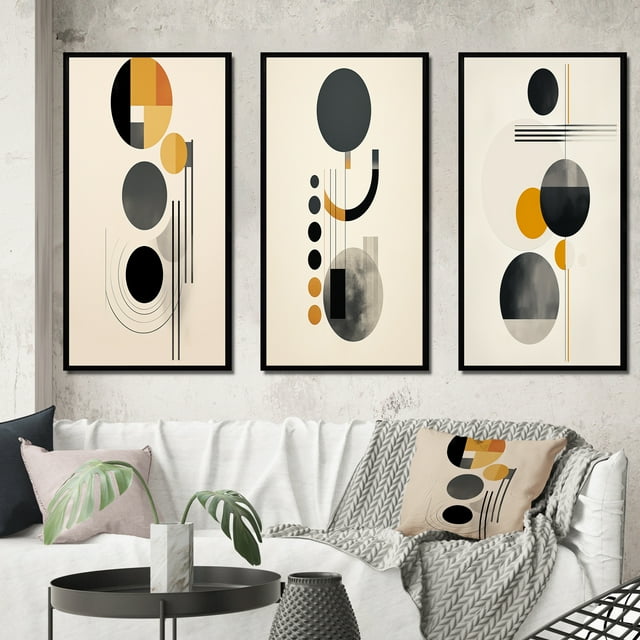 Designart "Minimal Circular Geometric Art II" Modern Geometric Framed Wall Art Set Of 3 - Grey Abstract Frame Gallery Wall Set For Home Decor