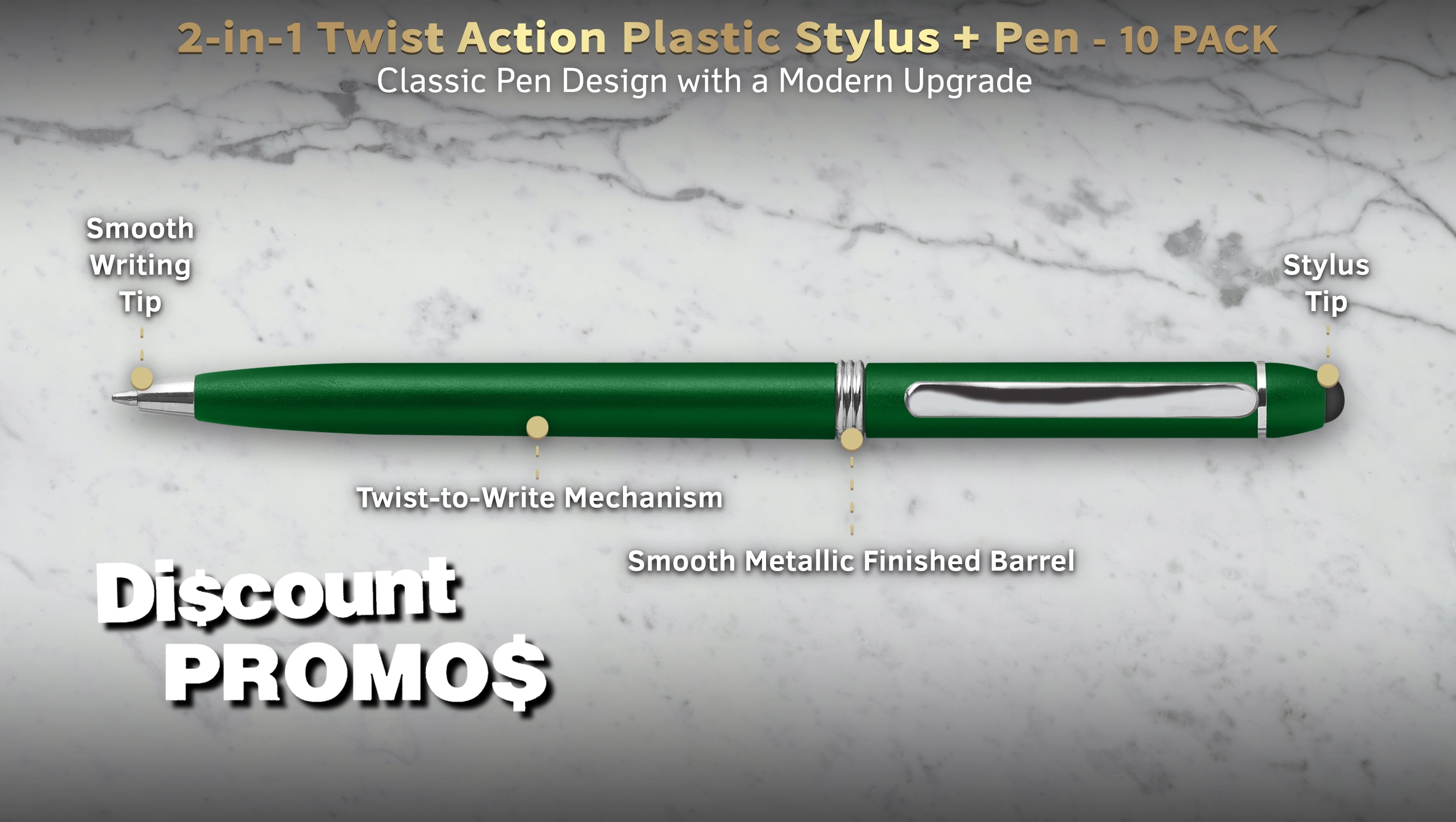 10 Twist Action Plastic Stylus Pens Pack - Metallic Barrel, Black Ink - Green