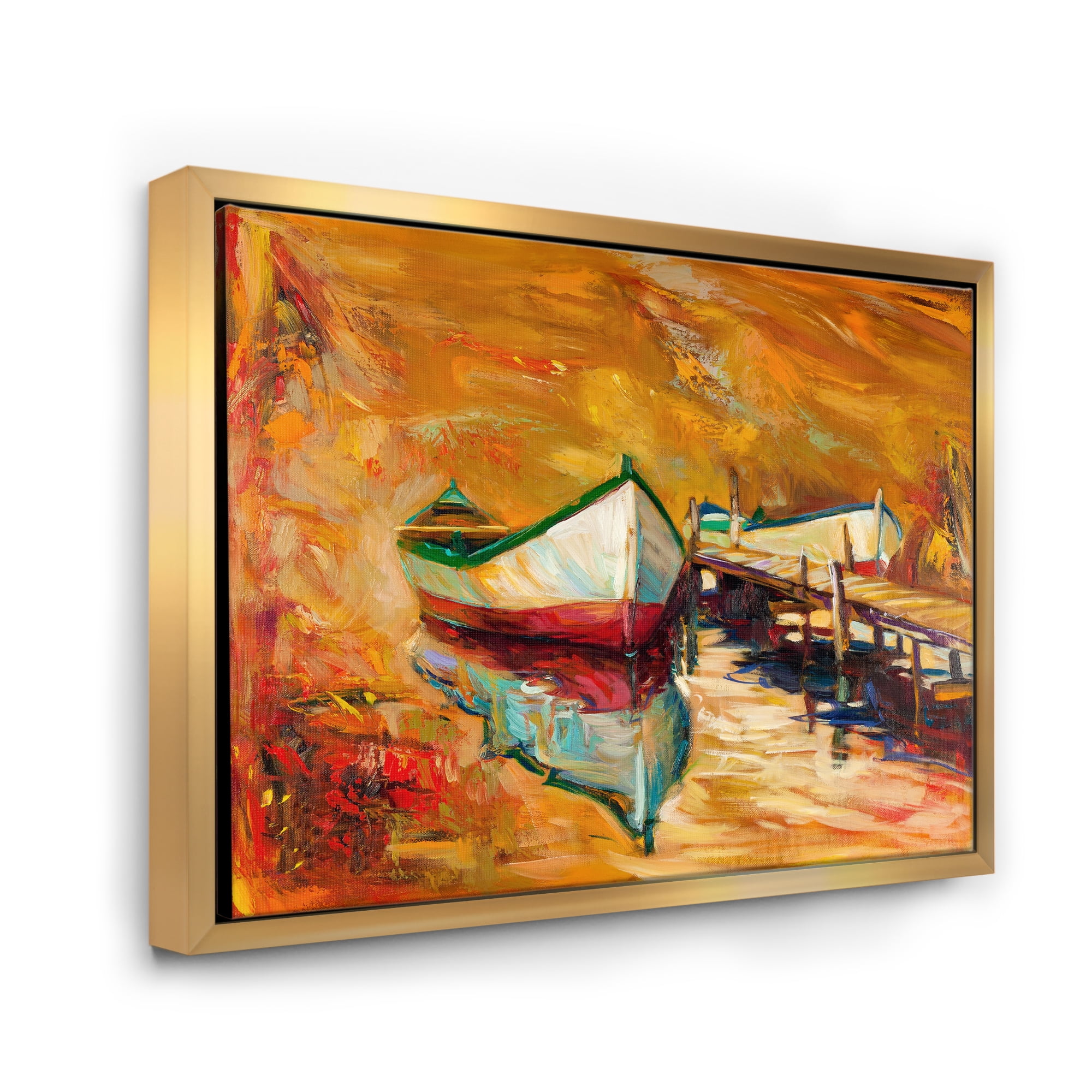 Designart 'Red and White Boats By The Pier' Nautical & Coastal Framed Canvas Wall Art Print