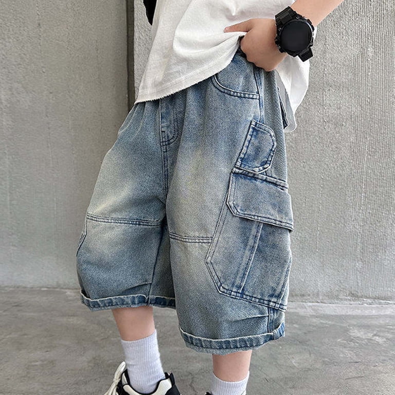 oqasdz Boy Shorts Youth Cargo Denim Shorts Elastic Waist Loose