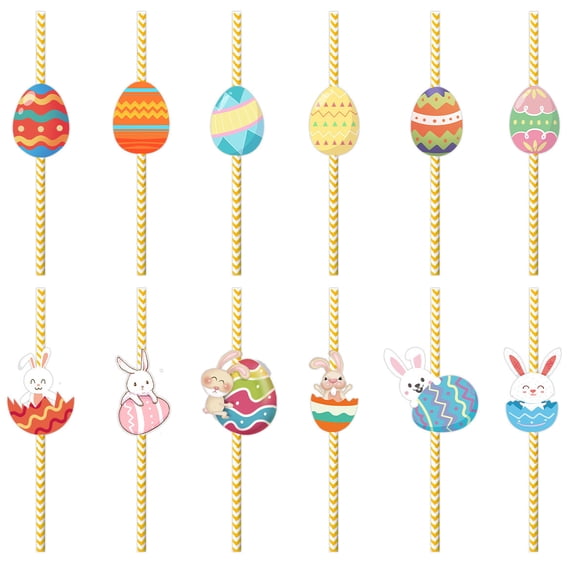 Dengmore 24pcs Easter Straws Paper Reusable Straws Easter Rabbit Straws Colorful Ring Straws Children Easter Party Supplies Gift