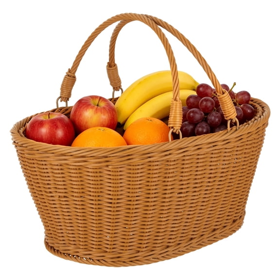 Wicker Picnic Basket with Handles, 16 x 12 x 7 in Hand Woven Washable PP Rattan Storage Basket, Portable for Easter, Shopping, Fruit, Vegetable, Bread, Garden Harvest, Camping, Brown