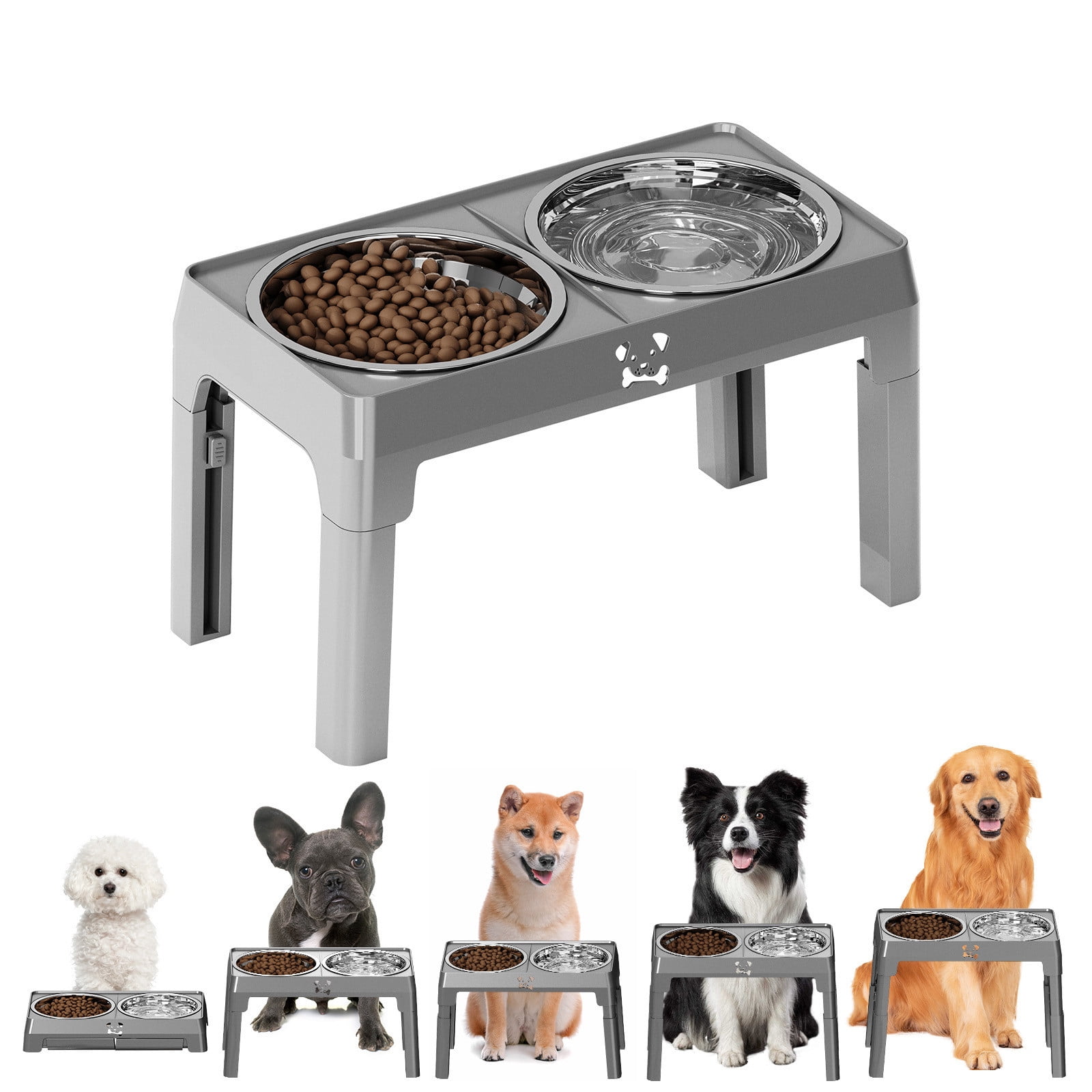 Adjustable Stainless Steel Pet Bowl for Cats and Dogs, Slow Feeder with Neck Support, Height Adjustable Water Dispenser for Small Medium Large Dogs
