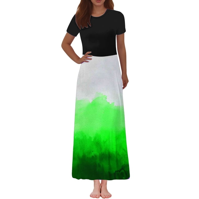 LOVZFMLL Robe Cheville à Manches Courtes Imprimée à Col Rond pour Femme Vert 2TG