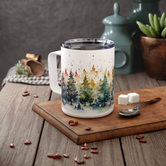 Winter Forest Insulated Travel Mug: Insulated Steel Holiday Cup with Lid 10oz Tumbler