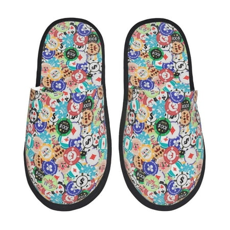 Balery Colored Casino Chips Slient Indoor Furry Fleece Comfort House Shoes Soft Non-Slip Home Shoes Cotton slippers House Slippers-- Large
